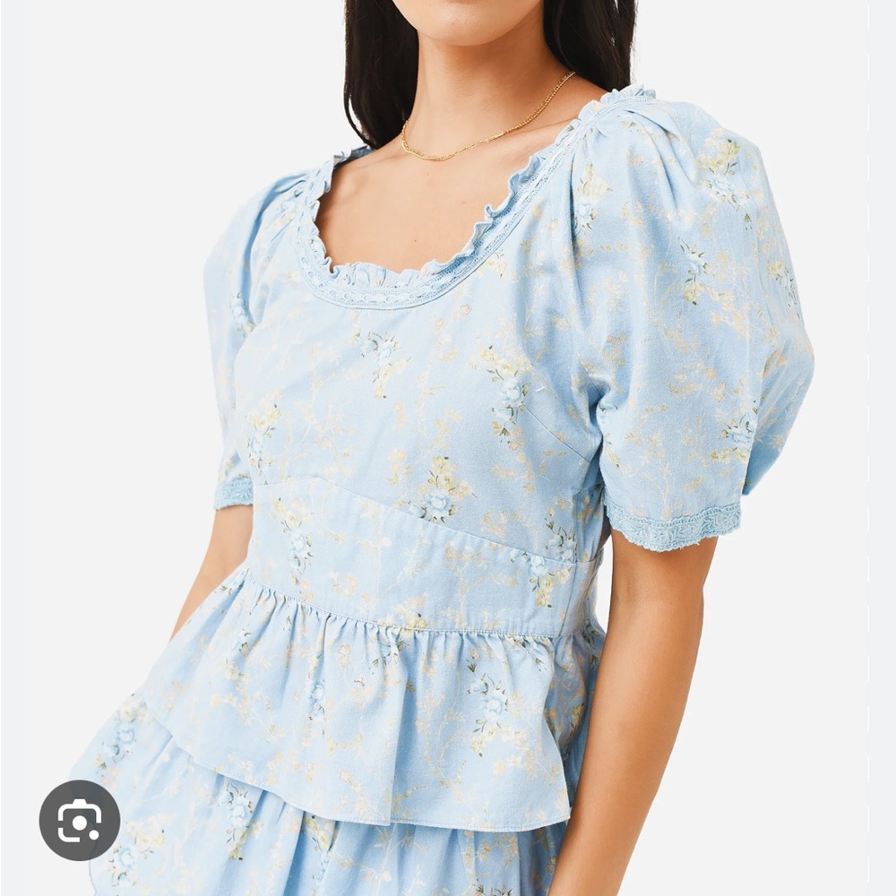 LoveShackFancy Light Blue Floral Puff Sleeve Peplum Top